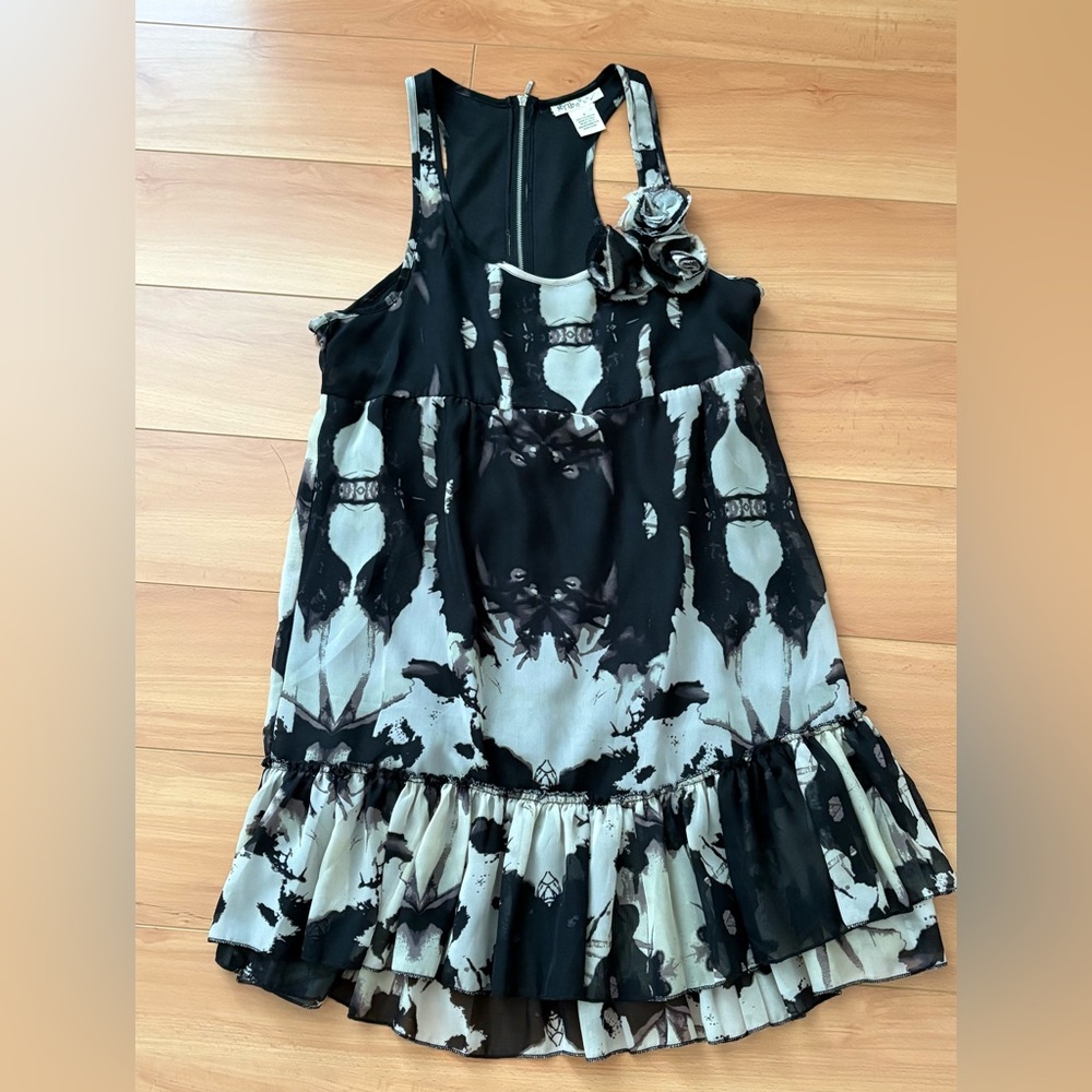 Black and Cream Ruffle Dress with Rosette Strap